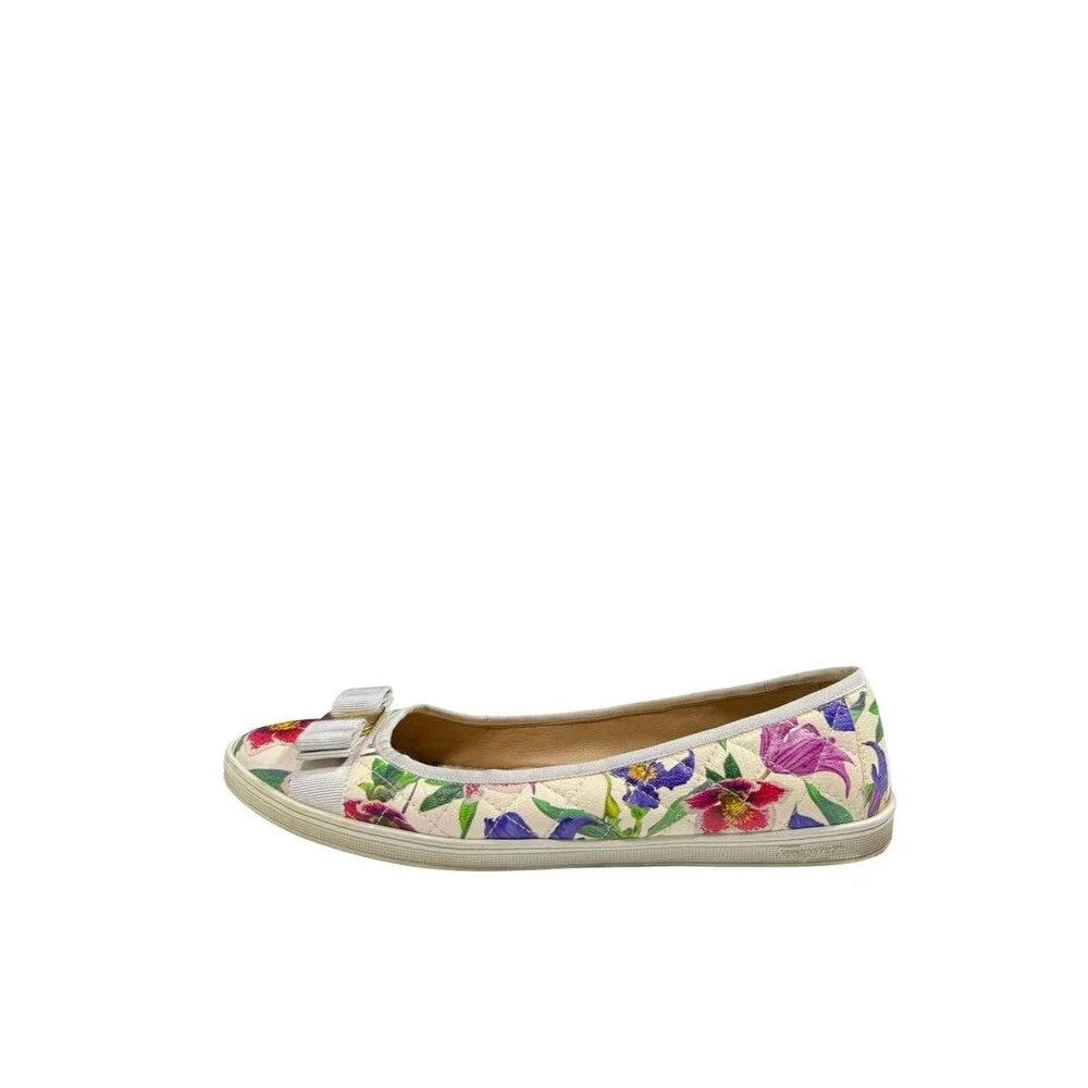 Salvatore Ferragamo Vara Bow Floral Flats Shoe Accent Leather Sz 10.5 C Designer